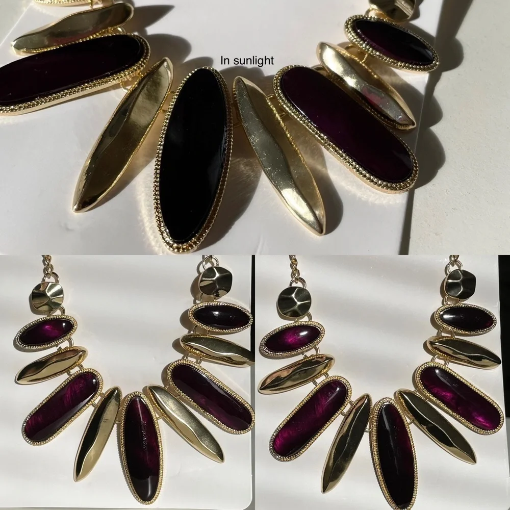 Charming Charlie Dark Purple & Gold-Tone Stone Necklace NWT - Picture 6 of 13